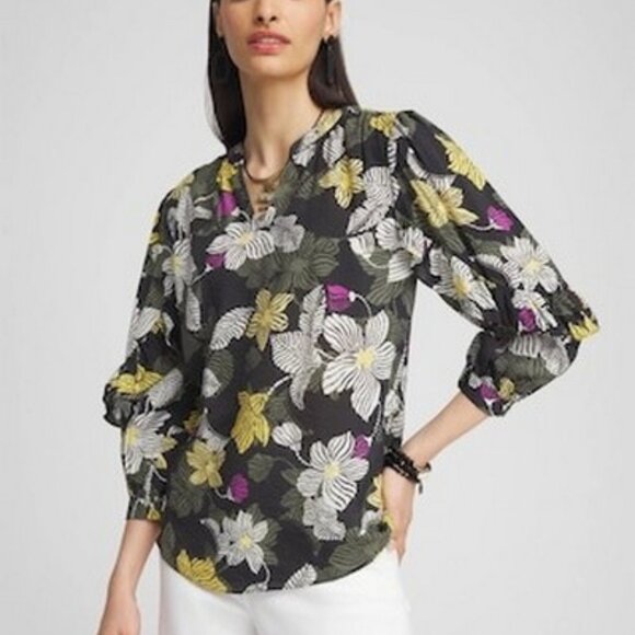 Chico's 3 XL US 16 Ruffle Sleeve Popover Top Blouse Black Floral 3/4 Sleeve - Picture 3 of 15
